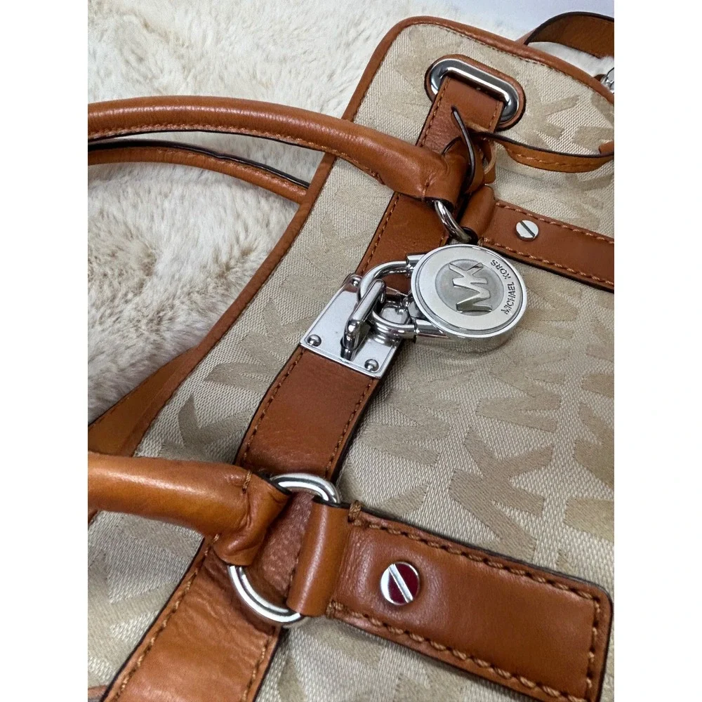 Michael Kors Hamilton Satchel Monogram Canvas Tan Leather Crossbody Bag Dust Bag